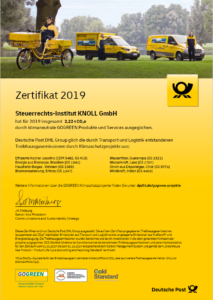 Zertifikat GoGreen 2019 – KNOLL kompensiert CO₂ durch klimaneutrale Logistik der Deutschen Post.